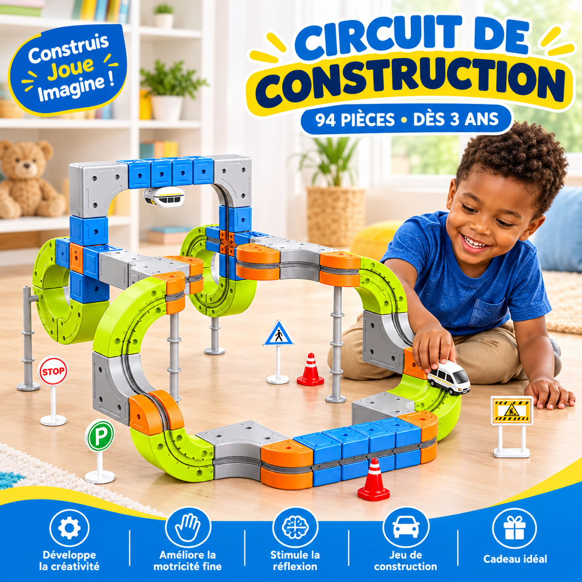 Circuit de voitures de construction 94 pièces – Circuit modulable pour enfant dès 3 ans