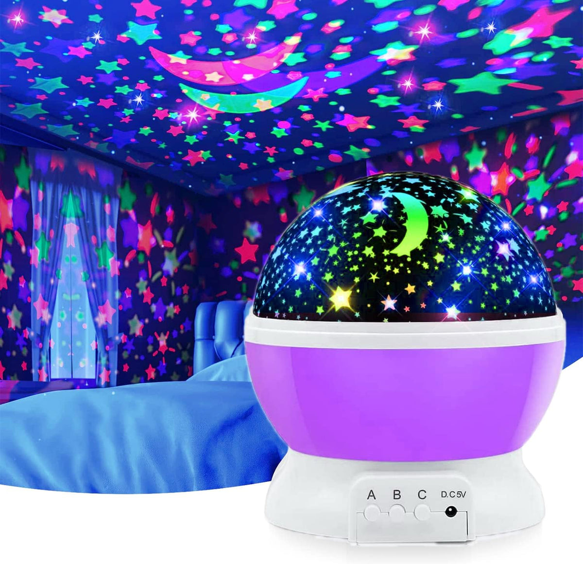 Veilleuse Étoilée Rotative 360° – Projecteur Ciel Étoilé LED – Lampe de Nuit Enfant avec Effets Lumineux Multicolores
