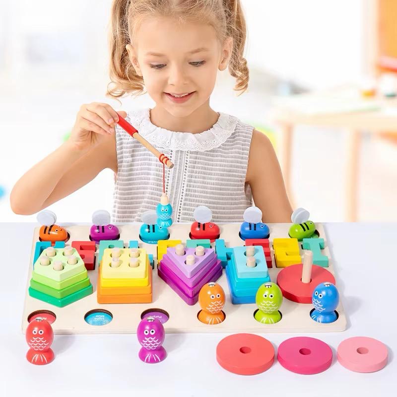 Jeu éducatif en bois 6-en-1 – Pêche magnétique & apprentissage