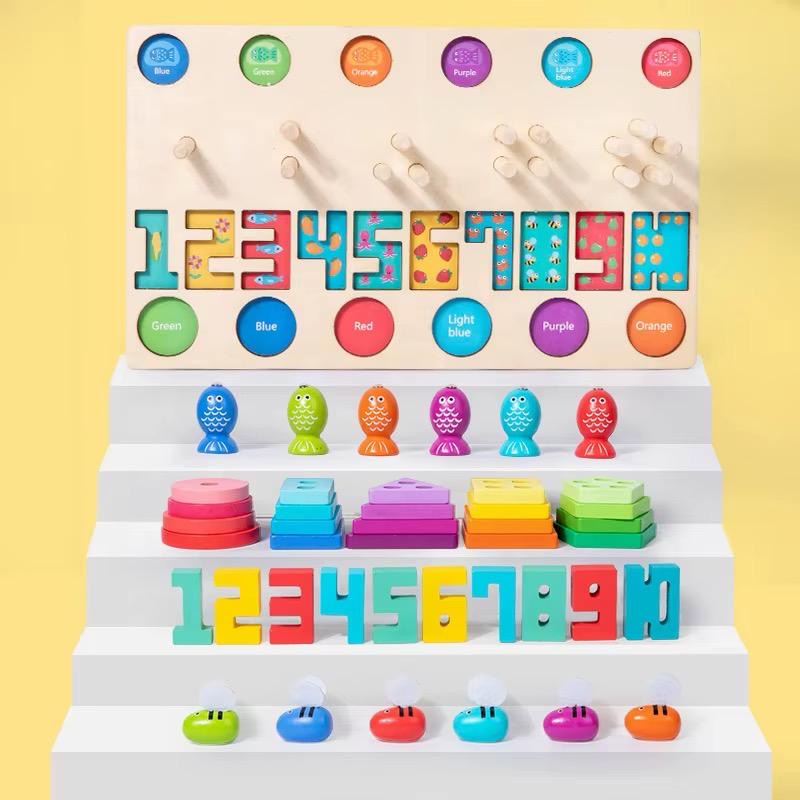 Jeu éducatif en bois 6-en-1 – Pêche magnétique & apprentissage