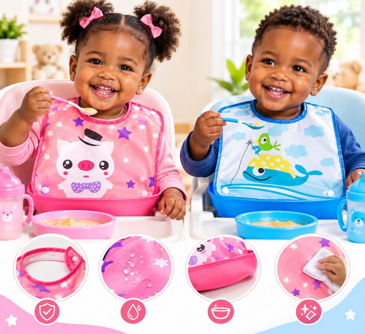 Bavoir bébé imperméable avec poche récupératrice