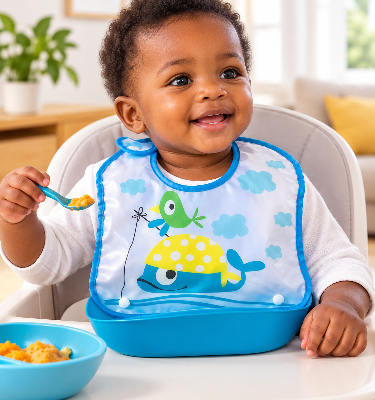 Bavoir bébé imperméable avec poche récupératrice