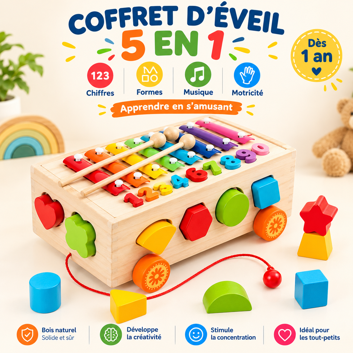 Jouet Montessori en Bois 5 en 1 – Coffret d’Éveil Éducatif avec Xylophone, Chiffres et Formes