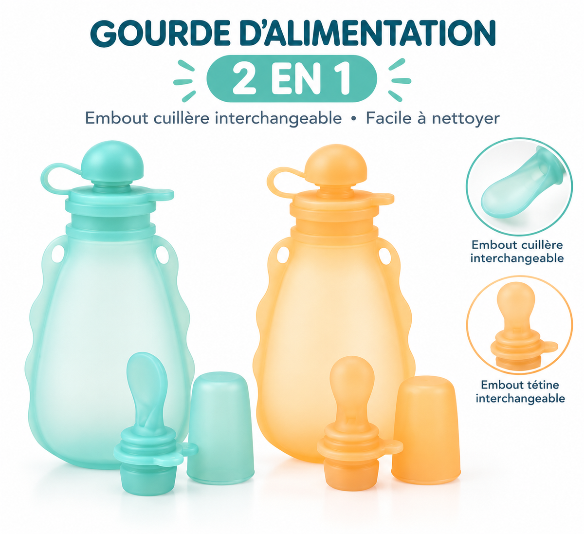 Gourde d’alimentation et de conservation bébé 2-en-1 – Embouts interchangeables