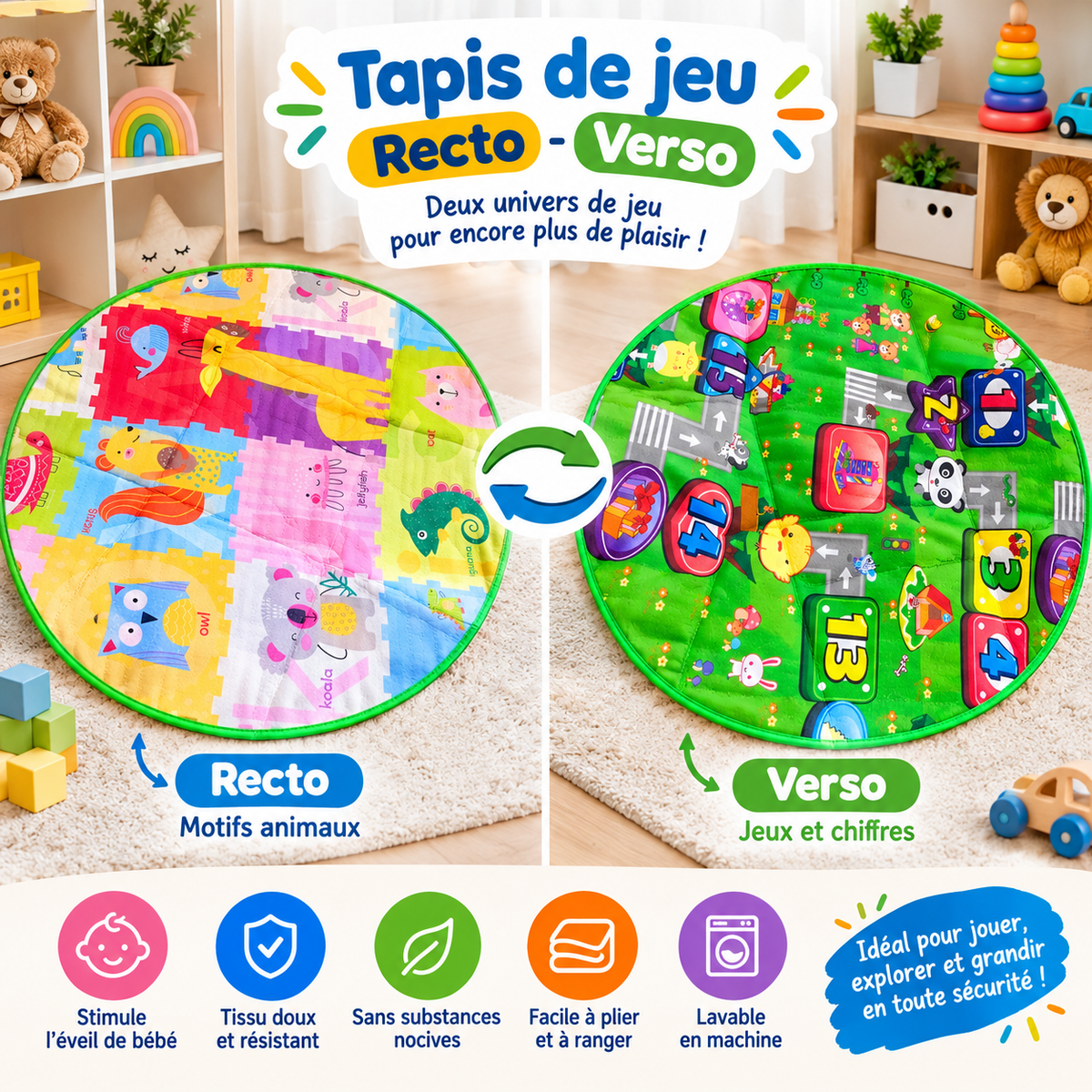 Tapis d’Éveil Bébé Recto-Verso – 2 en 1