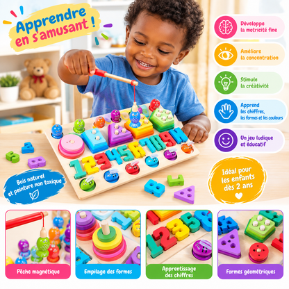 Jeu éducatif en bois 6-en-1 – Pêche magnétique & apprentissage