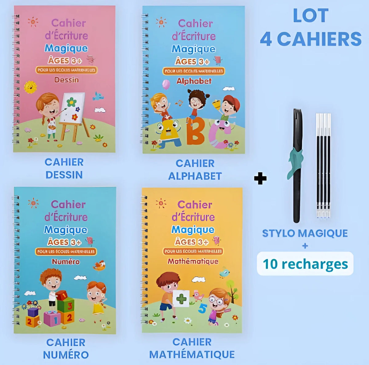 4 CAHIERS MAGIQUES + 10RECHARGES ET AIDE ECRITURE