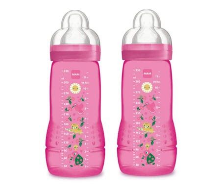 Lot de 2 Biberons MAM 330 ml – Anti-Colique – Tétine Débit Moyen – Design Fleurs & Coccinelles – Sans BPA
