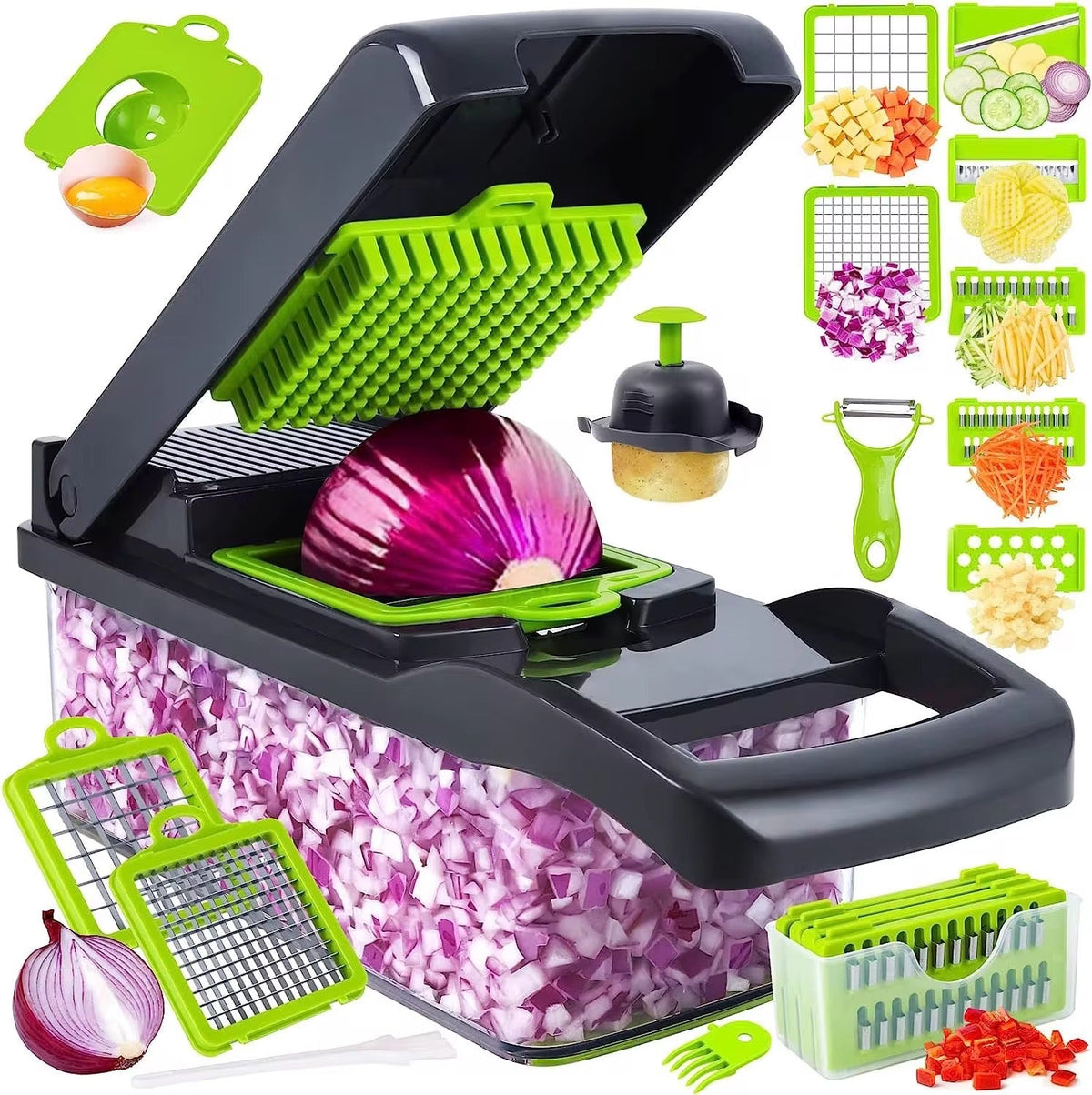 Hachoir à légumes 14 en 1 , coupe-oignons, trancheuse, hachoir pour légumes, salades, fromages, fruits, coupe-légumes multifonction avec séparateur d'œufs