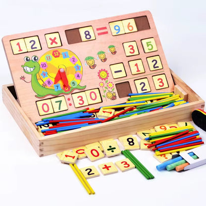 Boîte Éducative Montessori en bois Boîte Éducative Montessori en Bois – Apprentissage des Chiffres, de l’Heure et des Opérations