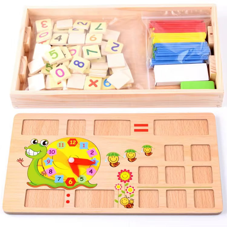 Boîte Éducative Montessori en bois Boîte Éducative Montessori en Bois – Apprentissage des Chiffres, de l’Heure et des Opérations