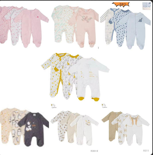 Lot de 3 grenouillère 100%coton 0 à 9 mois couleurs au choix
