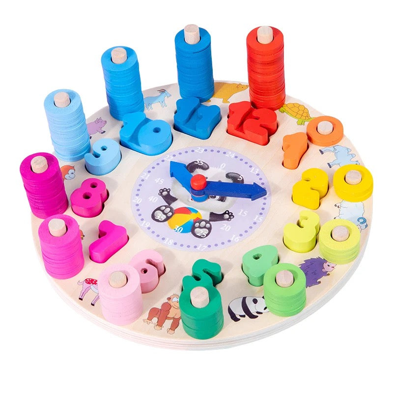 Horloge éducative en bois avec chiffres colorés et animaux mignons