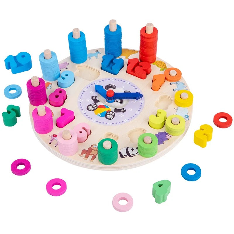 Horloge éducative en bois avec chiffres colorés et animaux mignons