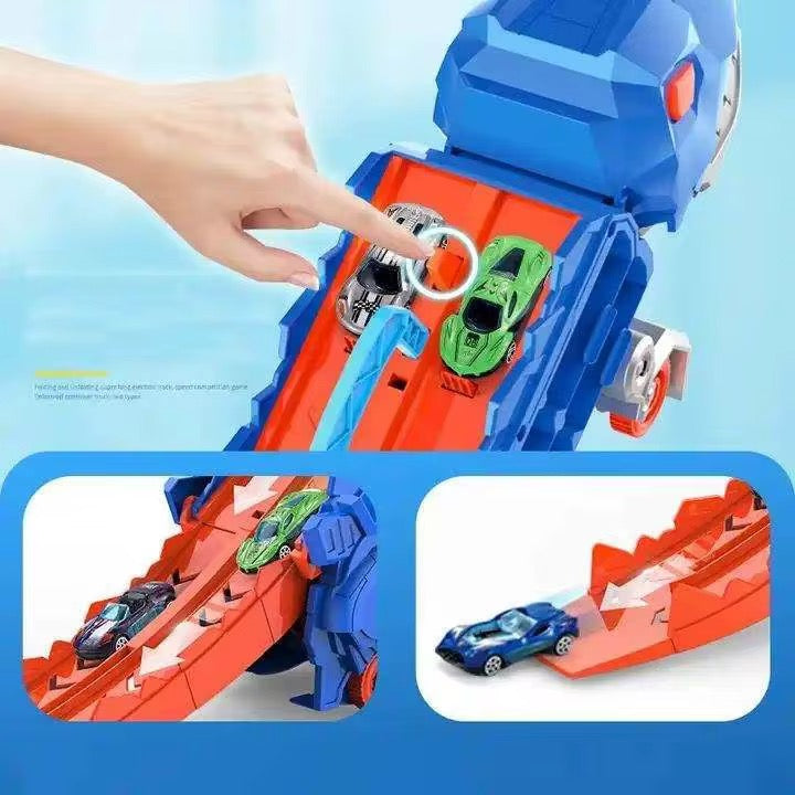 Camion Dinosaure avec Piste de Course Double – Coffret 4Voitures Inclus