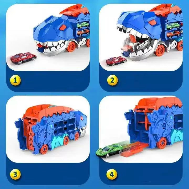 Camion Dinosaure avec Piste de Course Double – Coffret 4Voitures Inclus