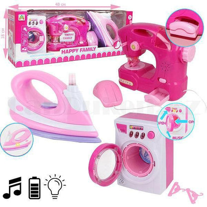 🧵 Kit Électroménager Jouet – Machine à Coudre + Fer à Repasser + Machine à Laver – Happy Family