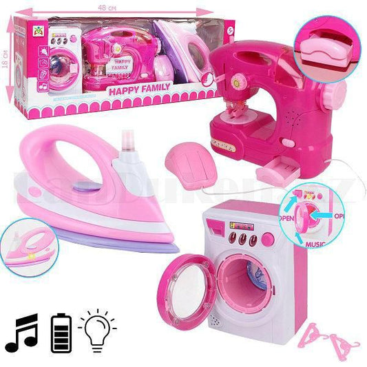 🧵 Kit Électroménager Jouet – Machine à Coudre + Fer à Repasser + Machine à Laver – Happy Family