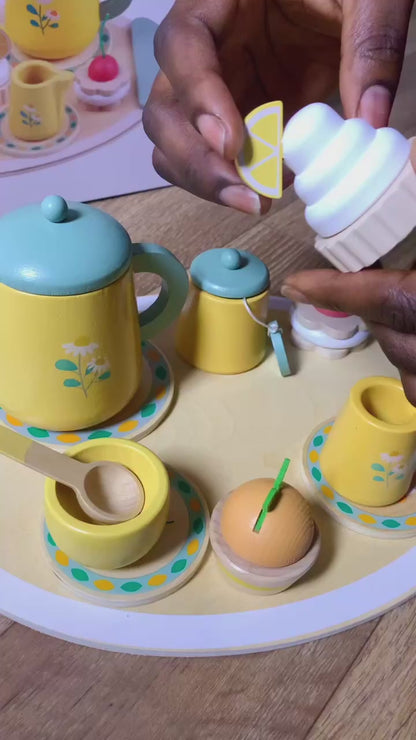 Service à Thé en Bois pour Enfants – Set de Dînette Montessori 15 Pièces