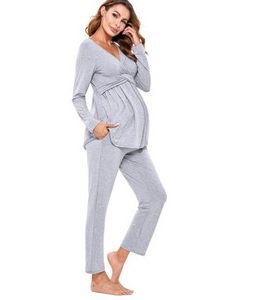 Ensemble de Pyjama Maternité en Coton à Manche Longue couleur unie grise