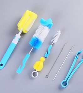 Kit de brosses pour biberons de bébé, Kit de nettoyage pour biberons, Tube anti-rayures, 7 pièces bleu