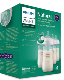 Lot de 4 Biberons en verre Philips Avent Natural avec tétines Natural 1 MOIS +, CONTENANCE 240ml, SCY913/04
