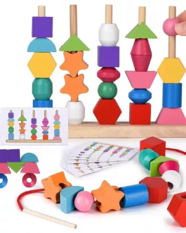 Jeu Montessori d’empilage et d’enfilage de perles colorées apprentissage  des formes, couleurs et  coordination main-œil