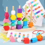 Jeu Montessori d’empilage et d’enfilage de perles colorées apprentissage  des formes, couleurs et  coordination main-œil