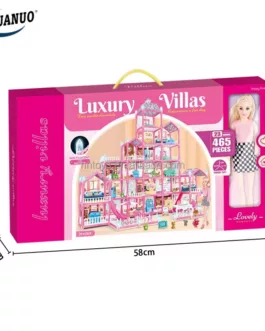 Maison de Poupée pour Filles 465 pieces ,Maison de Jeu avec Lumières,Toboggan, Chien,Poupées,DIY Jeu de Construction avec Accessoires et Meubles,Maison de Princesse pour Enfants, Fille (15 Chambres)