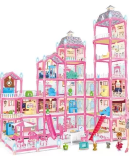 Maison de Poupée pour Filles 465 pieces ,Maison de Jeu avec Lumières,Toboggan, Chien,Poupées,DIY Jeu de Construction avec Accessoires et Meubles,Maison de Princesse pour Enfants, Fille (15 Chambres)