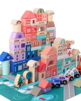 Ensemble de blocs de construction en bois représentant une ville miniature !