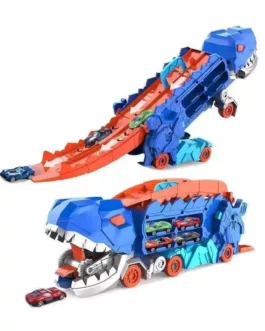 Camion Dinosaure avec Piste de Course Double – Coffret 16 Voitures Inclus