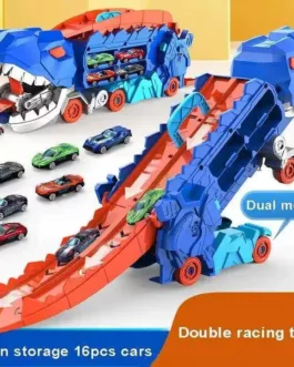 Camion Dinosaure avec Piste de Course Double – Coffret 16 Voitures Inclus